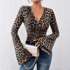 2026 New Spring and Autumn V-neck Leopard Print Women's Blouse Slim Fit Flared Long Sleeve Office Shirts Casual T-shirt Elegant Sexy Tops