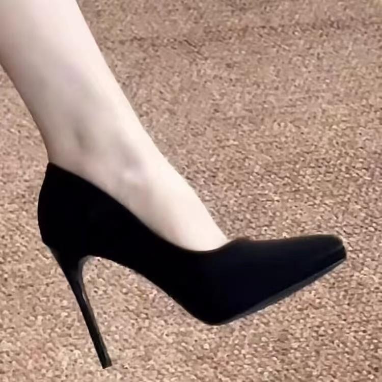 

Черные замшевые водонепроницаемые туфли-лодочки с острым носом женские 2025 весна платье стюардессы для поездок на работу высокий каблук женские 40