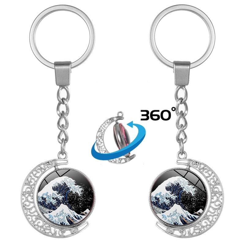 Japanese Wave Ukiyo-e Art Double-Sided Rotating Keychain Pendant