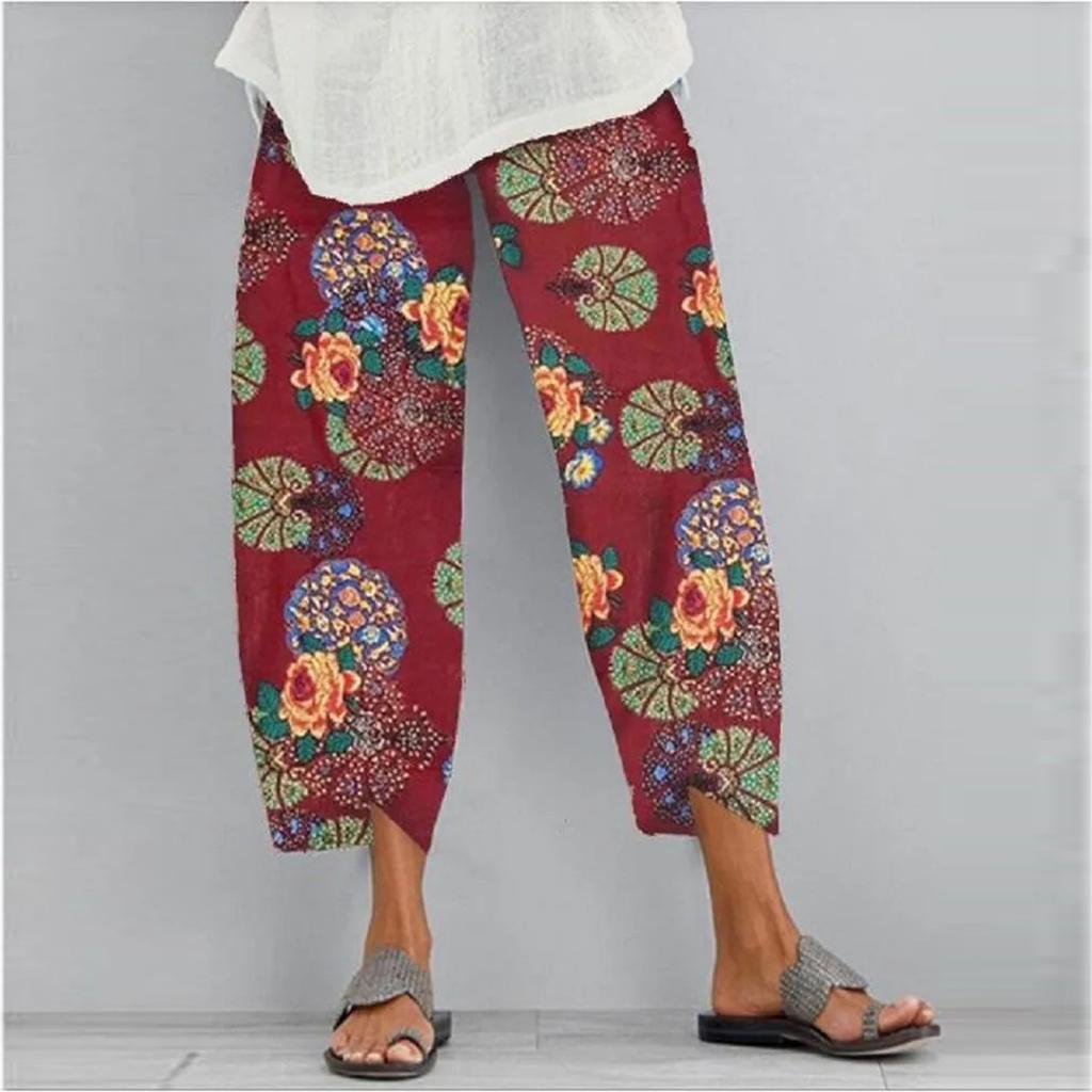 Women Lady Casual Flowers Print Elastic Girdle Waist Wide Leg Pants Trousers