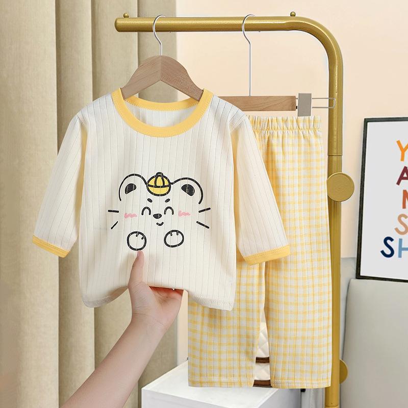 Summer Children's Long Sleeved, Long Pants, Home Clothes Set, All Cotton Underwear, Baby Thin Sleepwear, Sleeping Pants, Air-conditioned Clothing