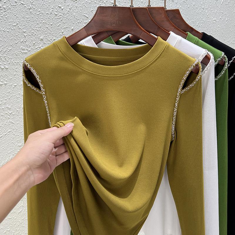 

Весенне-осенняя женская блузка с круглым вырезом, дизайн Чувство моды, темперамент, расшитый бисером, полые топы с длинными рукавами XXXL желто-зеленый