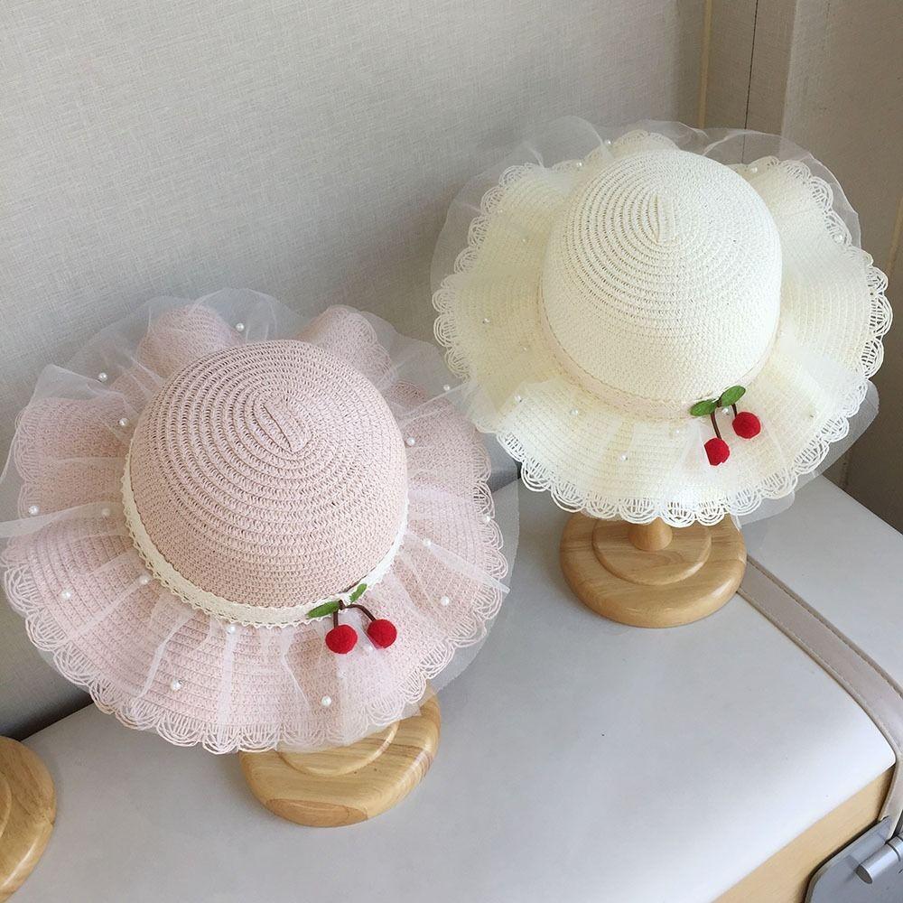 Wide Brim Kids Sun Hat Pearl Decoration Beach Hat Cute Style Straw Hat Girls Accessories