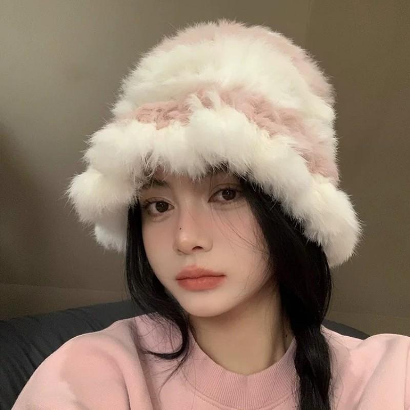 Fashion Rabbit Fur Patchwork Knit Bucket Hat Women Warm Fall Winter Large Head Size Face Slimming