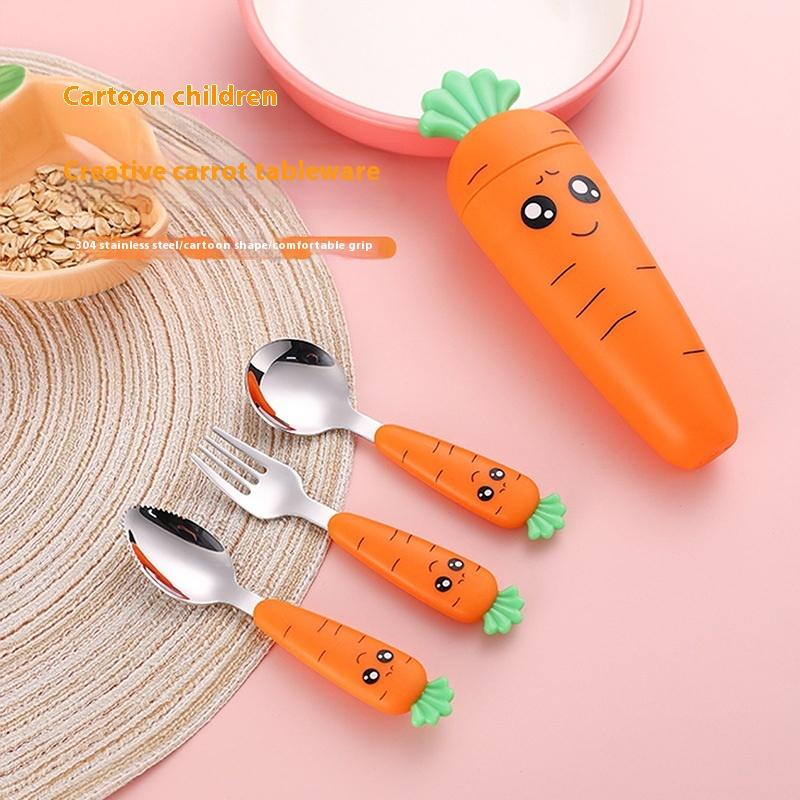 3 Pcs/Set Carrot Set Kids Tableware Stainless Steel Spoon And Fork Cutlery With Box Baby Feeding Kitchen Tableware Supplies