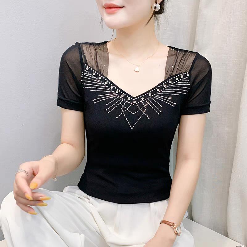 New European Sweet Women's Clothes T-shirt Chic Shiny Hot Diamonds Mesh Tees Sexy Square Neck Short Sleeve Female Summer Tops