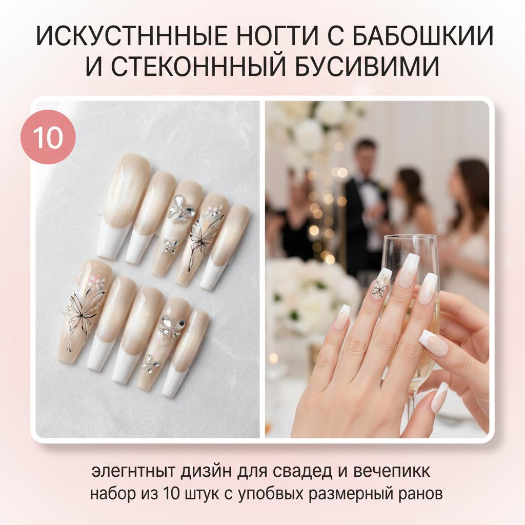 10Pcs Artificial Nails With Butterfly Decor Glass Beads Cat-Eye Design For Wedding Party