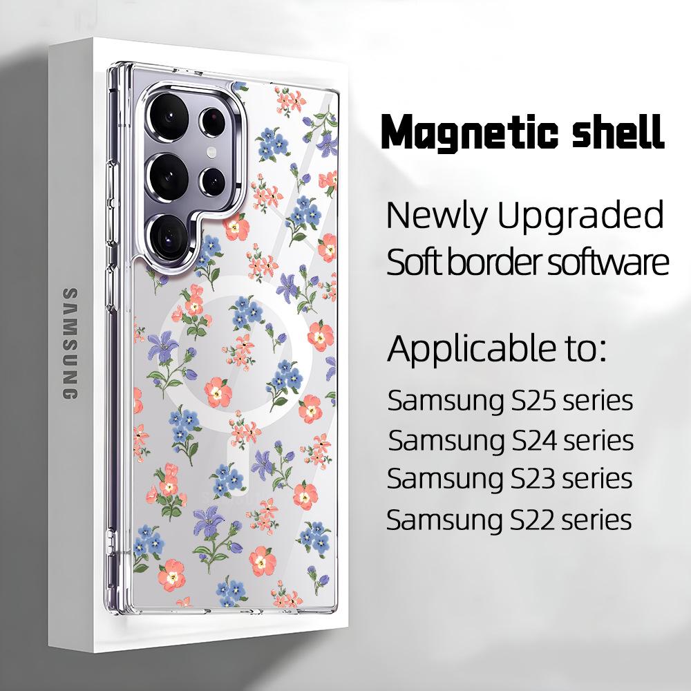 Amazon Popular Magnetic Suction Transparent Samsung Mobile Phone Case S25 Floral Mobile Phone Case S22Plus Anti-drop Hard Case