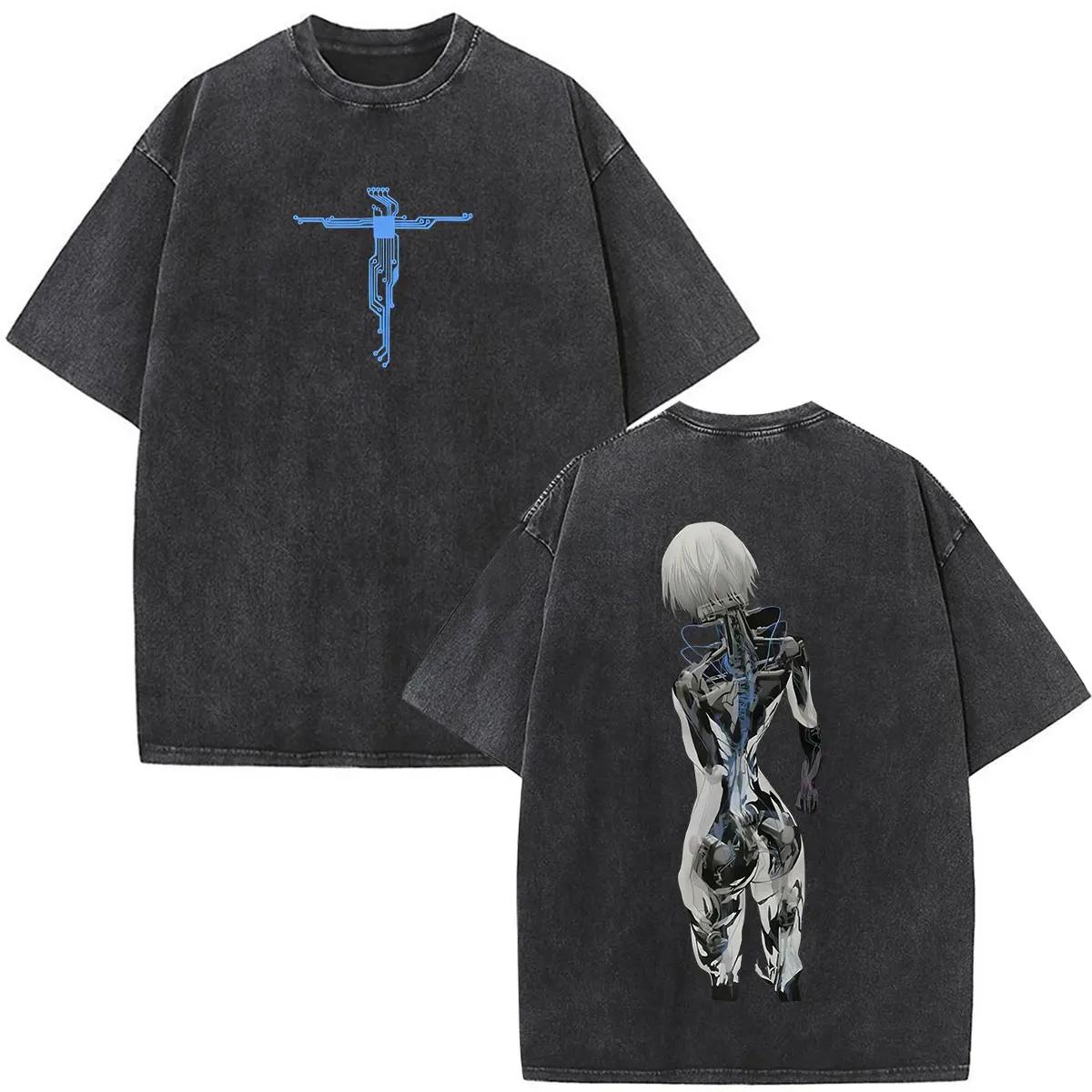 Anime Ghost in The Shell Motoko Kusanagi T Shirts Unisexs Women Clothing Fashion Vintage Washed Short Sleeve Tshirts Streetwear S