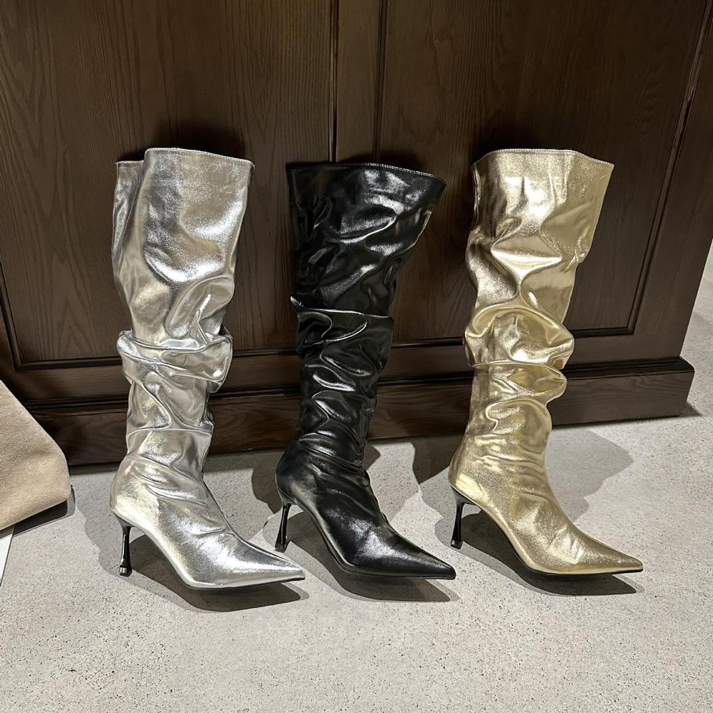 High-heeled Sleeve Pleated Piled Boots Women's 2025 Autumn and Winter Sexy Pointed Thin Heels High But Knee-long Boots