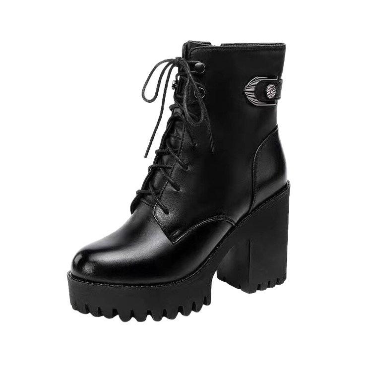 Coarse-heeled high-heeled Martin boots for women's 2026 autumn and winter new velvet lace-up medium boots waterproof high-heeled short boots