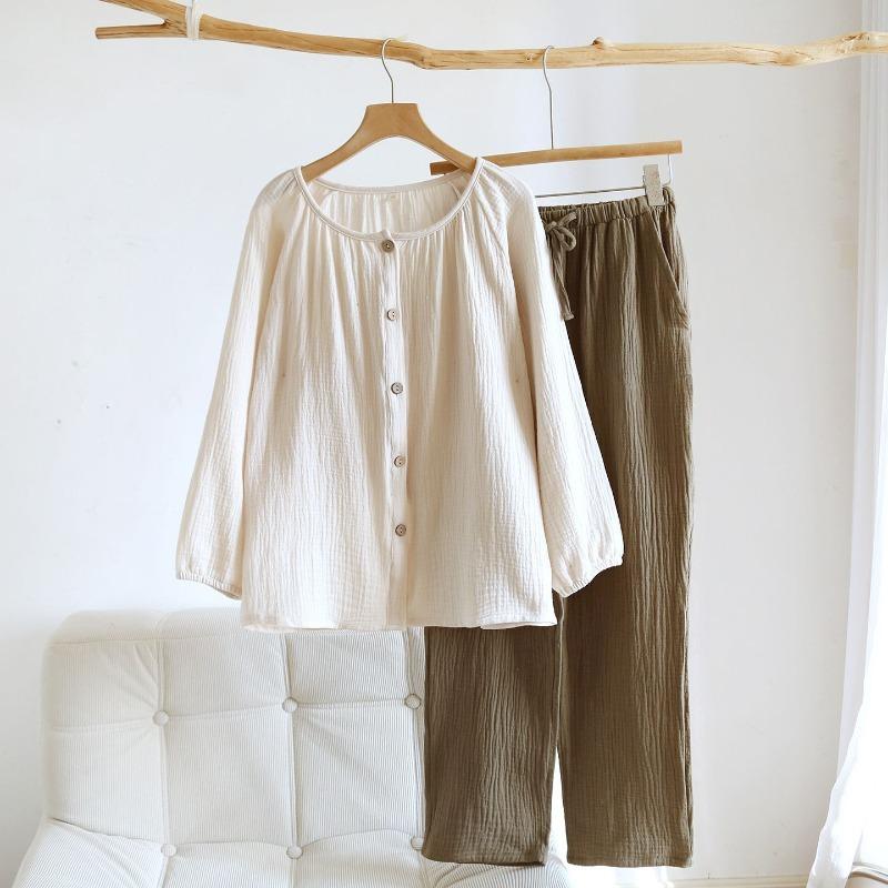 2026 Neues Frühjahrs- und Herbst-Pyjamaset 100% Baumwollkrepp Groß Langarm Lange Hose Dünn Locker Hauskleidung Zweiteiliges Set