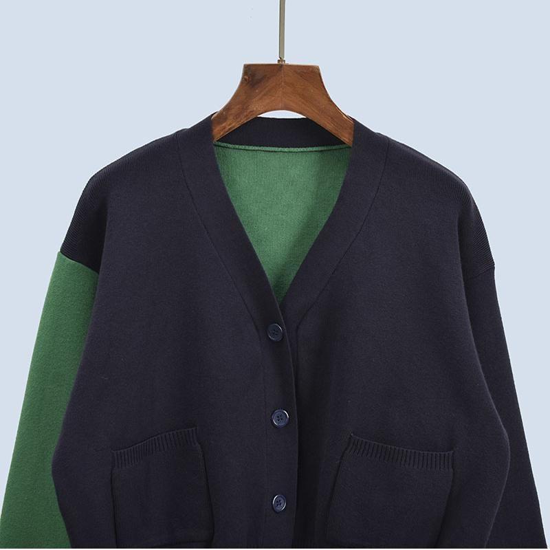Loose Laid-Back Preppy Style Long Sleeves Retro Color-Block V Neck Knitting Outwear Female Spring Autumn Outerwear Slimming Sweater Cardigan
