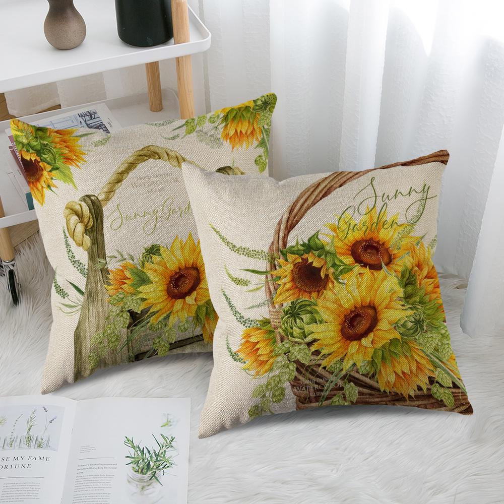 4Pcs,Linen Blend Throw Pillowcase Decorative Yellow Sunflower Flower Baskets,Fresh Flowers Bicycles Printed Autumn Pillowcover