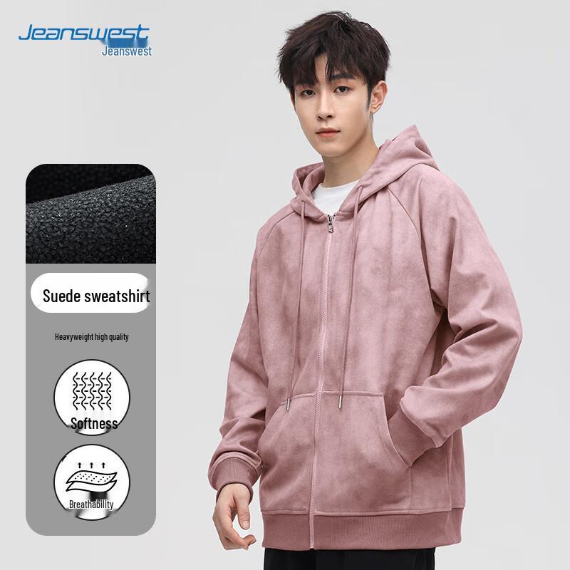 

JEANSWEST Men s Suede Fleece Hooded Zip-up Hoodie M