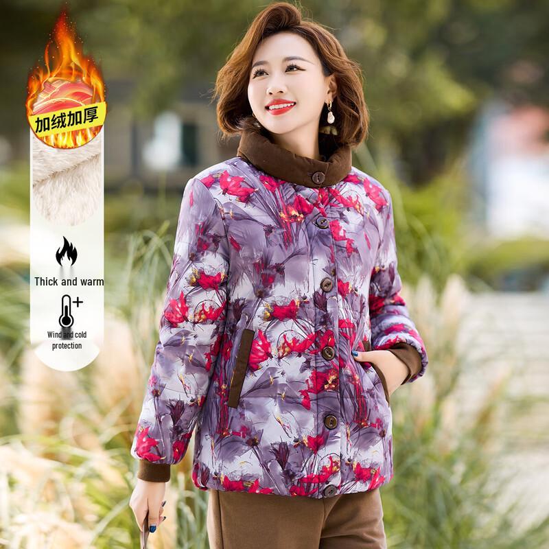 

Women s Floral Padded Winter Jacket with Stand Collar 4XL