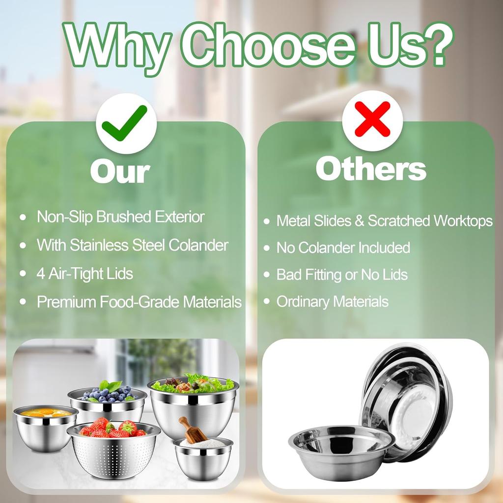 Mixing Bowls with Lids Set, Stainless Steel Mixing Bowls with Colander, Strainer with Mixing Bowl Set, Kitchen Gadgets Bowl Christams Gift, Size 4,