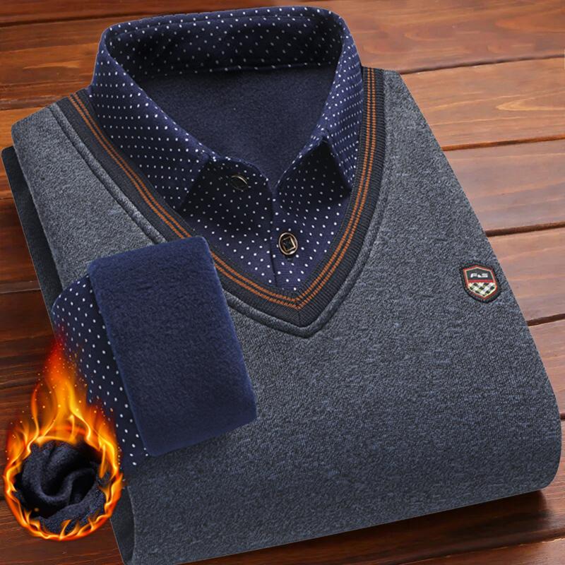L-4XL Autumn and Winter New Fake Two Piece Sweater Men's Plush Knitted Warm Inner Wear Casual Versatile Pullover Top