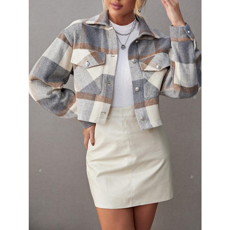 YYFS Women's Fashion Casual Plaid Print Autumn Winter Long Sleeve POLO Neck Jackets & Coats