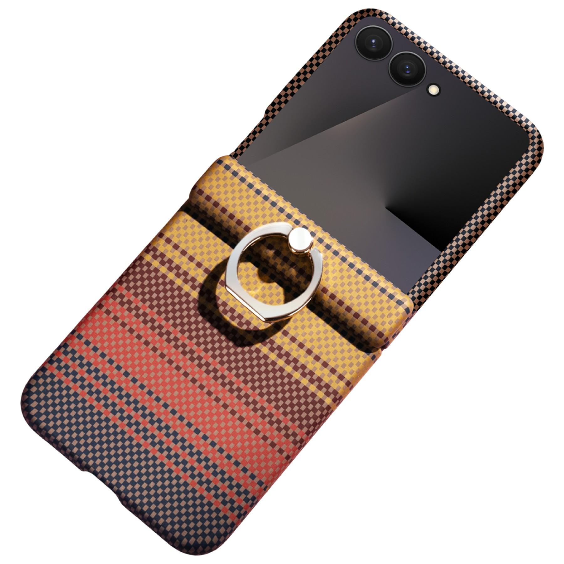 

For Samsung Galaxy Z Flip7 5G Phone Case Ring Holder Kickstand PC Cover with Tempered Glass Screen Protector Yellow