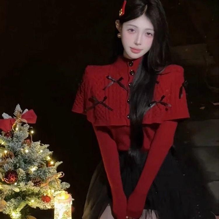 

Красный свитер с высоким воротником и кабельной вязкой – Женский осенне-зимний плащ-шаль, вязаный топ-двойка Large красный