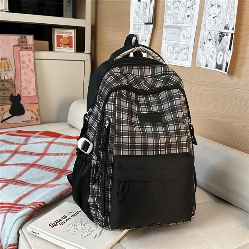 Nylon Plaid Backpack Women's Fashionable Casual School Bag Lightweight Travel Rucksack with Multiple Pockets