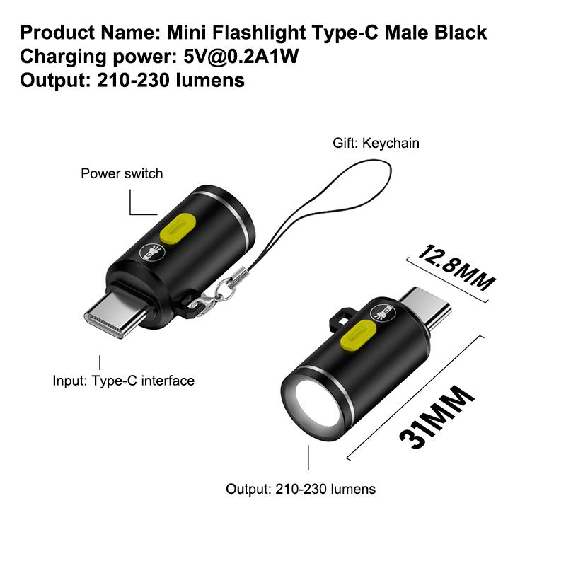 Portable Type-C Mini Flashlight Phone Keychain Usb-C Electric Torch Nightlight Table Lamp For Riding Sports Outdoor Camping