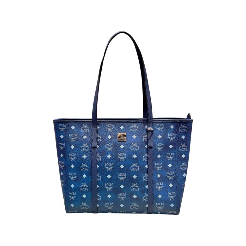 MCM Blue Visetos Leather Large Tote Bag with Gold Hardware for Daily Use