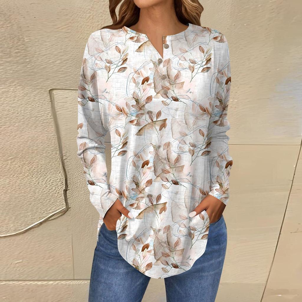 T-shirt à manches longues et col boutonné ample pour femme