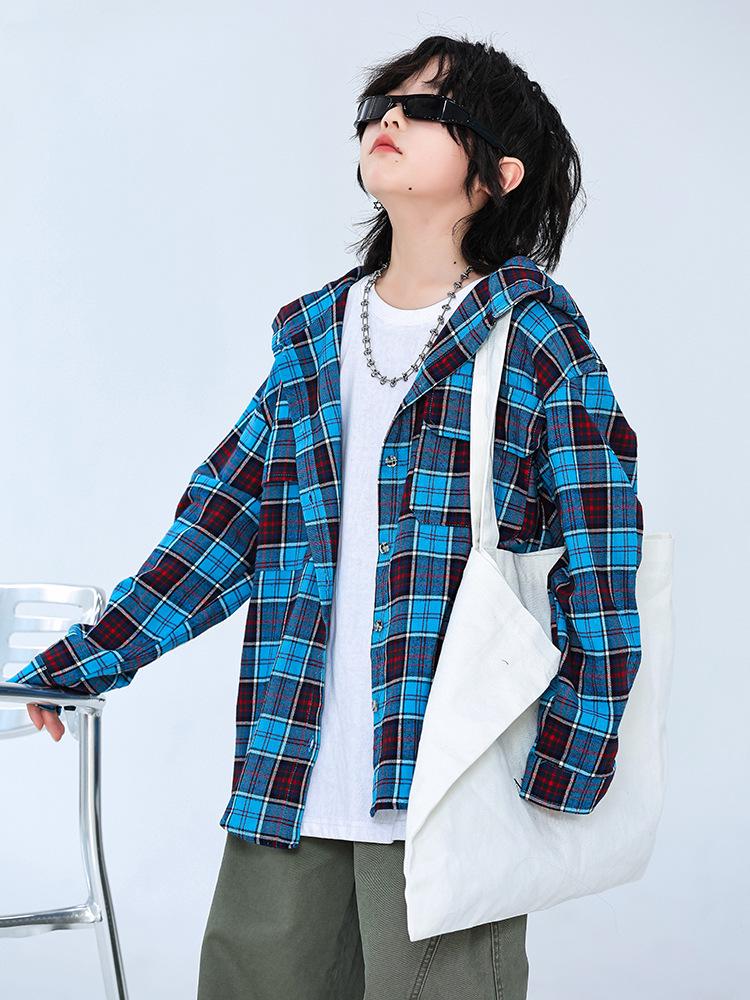 Spring & Autumn 2024 Boys' Classic Plaid Hooded Long-Sleeve Shirt