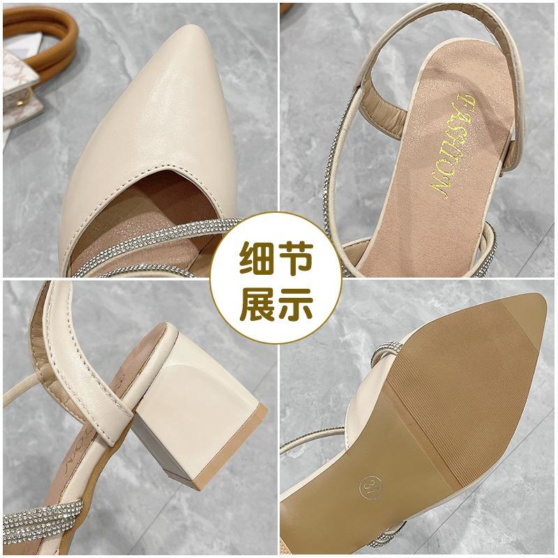 Fashion Sandals Women's Style Summer New Thick Heel Pointed Head Bag Head Word with Rhinestone Women's High Heels Women's Shoes