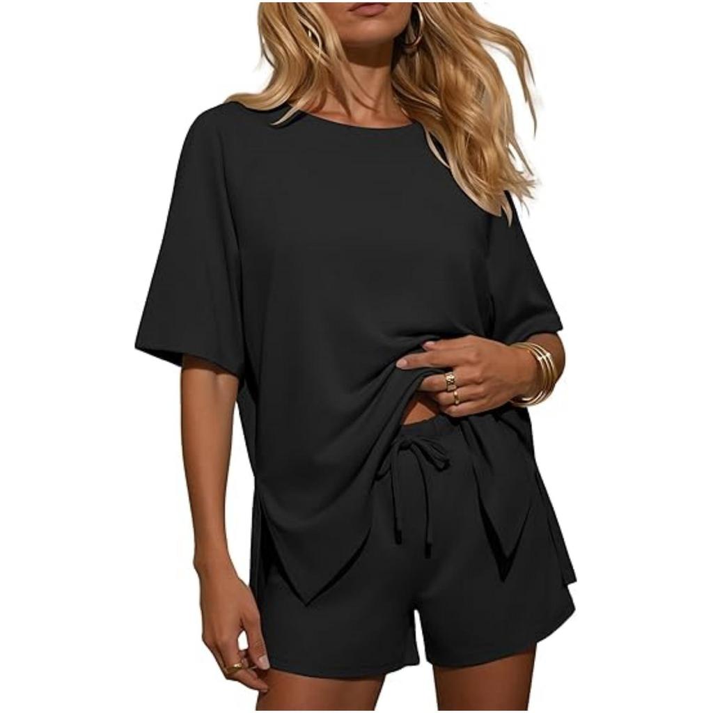 

Women s European & American Casual Soft Pajama Set - Short-Sleeved Top & Shorts Small