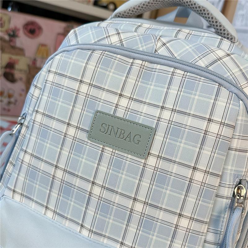 Nylon Plaid Backpack Women's Fashionable Casual School Bag Lightweight Travel Rucksack with Multiple Pockets
