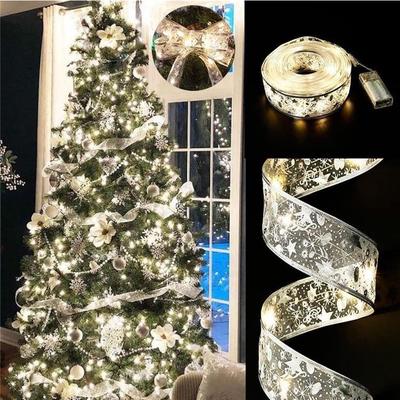 New LED Satin Christmas Ribbon Lights with Double-Layer Hot Stamping for Tree Decoration