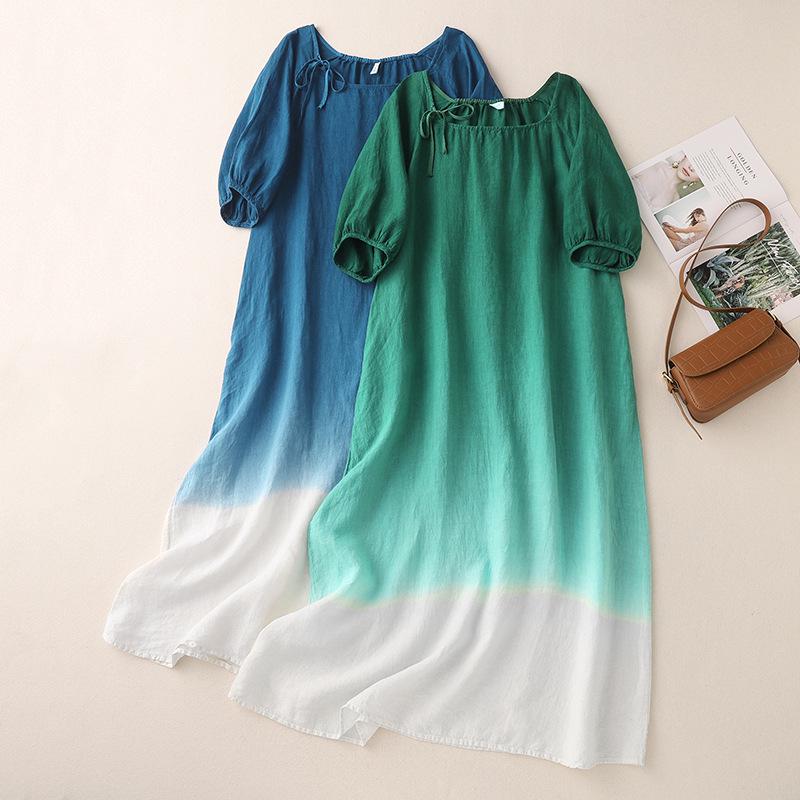 Retro Tie-Dye Blue Gradient Dress with Round Neck and Drawstring - Summer Design 2026