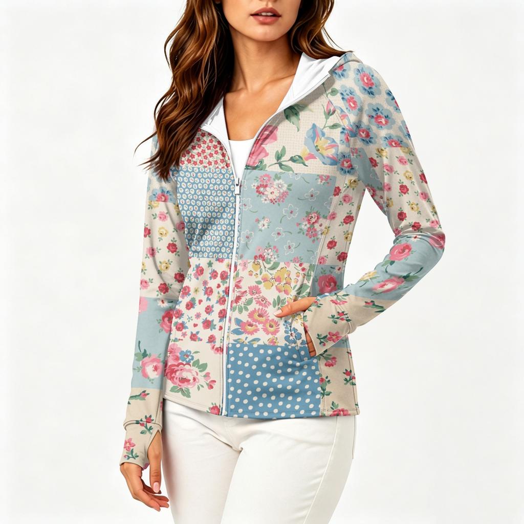 Sudadera con capucha ligera para mujer con cremallera, bolsillos, manga larga, estampado floral, chaqueta con protección solar, prenda exterior informal