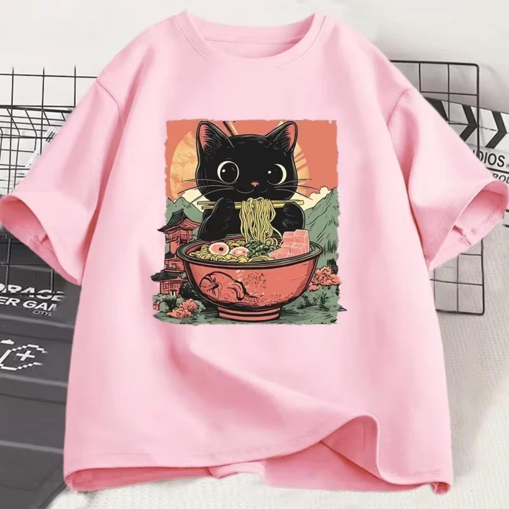 Cute Eating Ramen T-Shirt Women Adorable Graphic Tee Shirt Foodie and Cat Lover Tshirt Animal Printed Tees Top