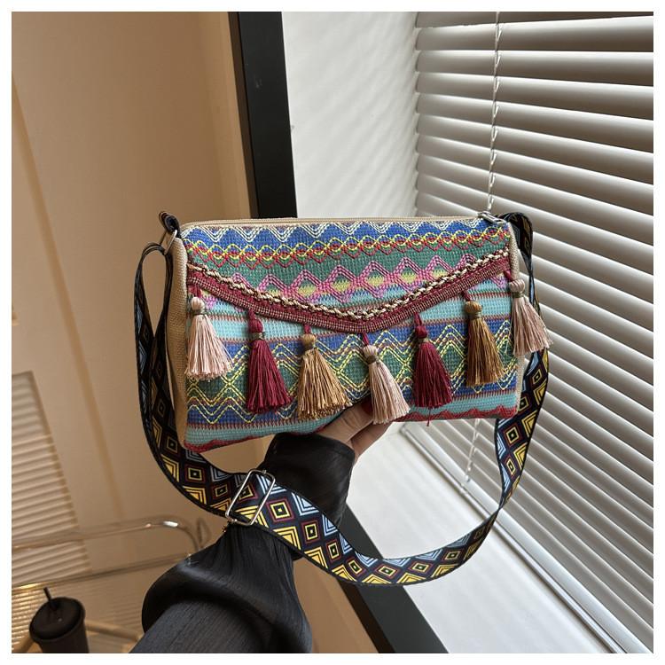 Ethnic Style Fringe Crossbody Bag With Wide Shoulder Strap For Daily Casual Use