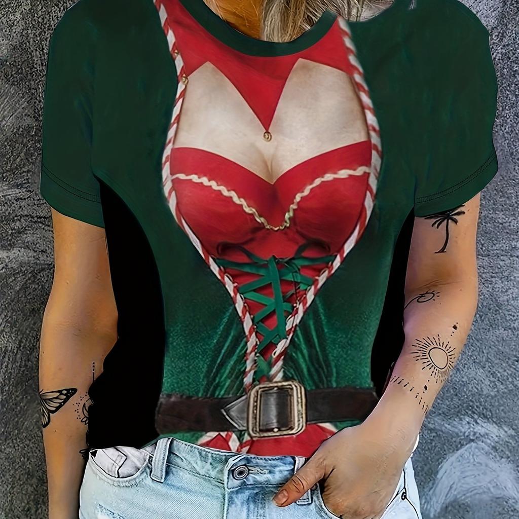 Women's T‑shirt Christmas Elf Costume 3D Fake Outfit Print Short Sleeve Crew Neck Summer Casual Party Tops Women Clothing