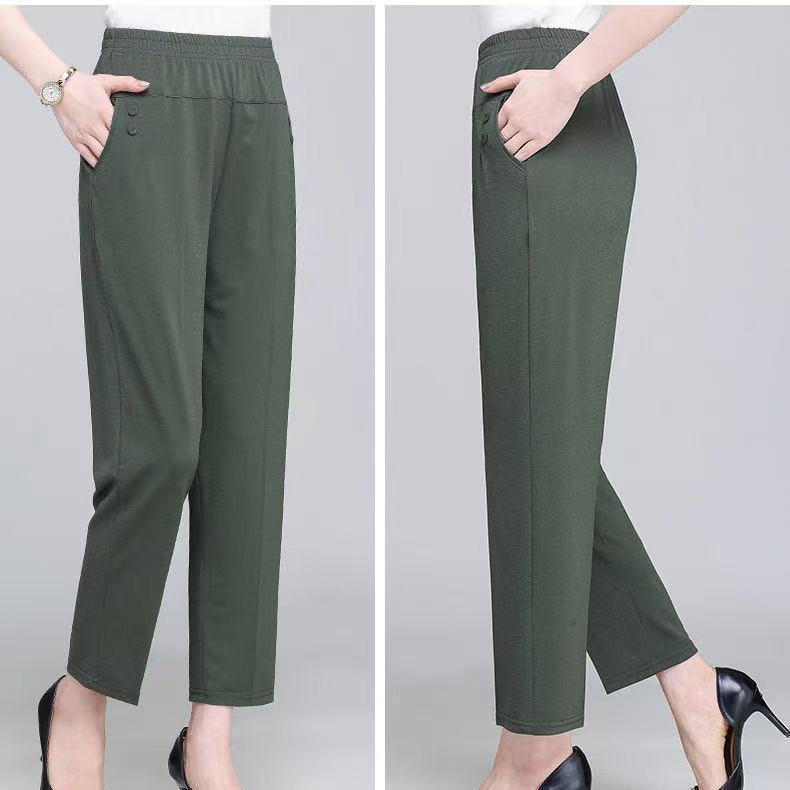 Women's Cotton Middle-aged Mother Trousers Loose Elastic Waist Casual Pants Spring Autumn Loose Solid Women's Straight Pants