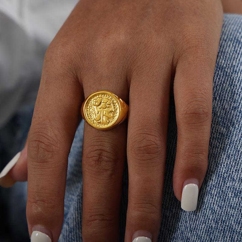 Vintage Embossed Pattern Rings In Stainless Steel With 18k Gold Plated No Tarnish Waterproof Ring For Women