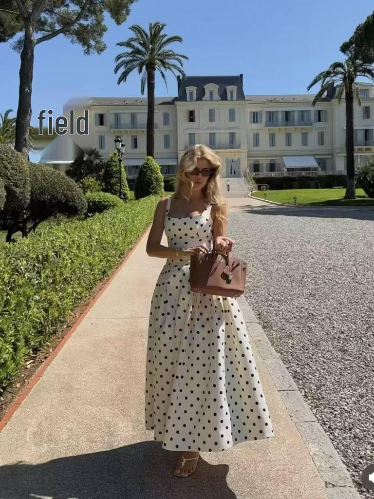 Nanyou Sommer Retro Gepunktetes Spaghettiträger Schwingkleid für Damen