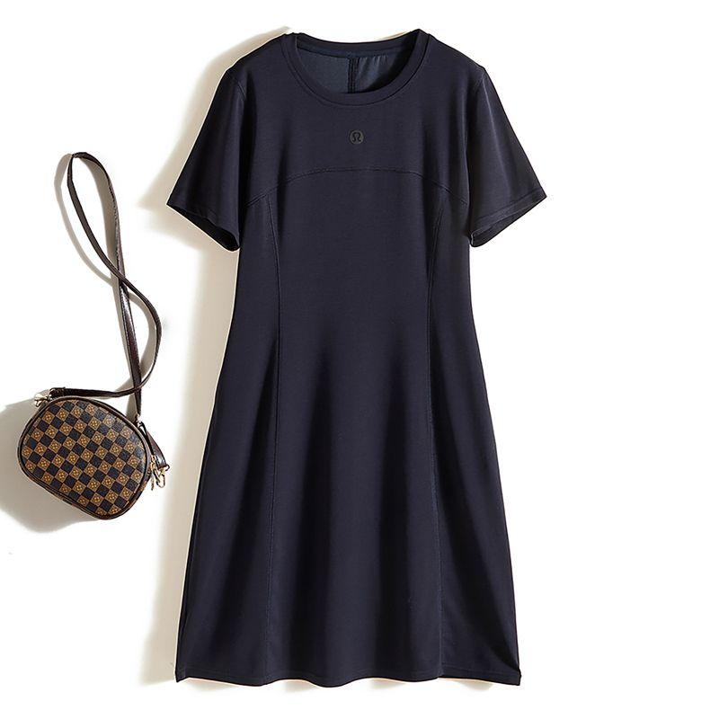 

Nordic Foreign Trade Order! Elegant Workplace Women Summer Cotton Nylon round Neck Short sleeve Three-Dimensional Craft Portable Dress Solid Dark blue XL