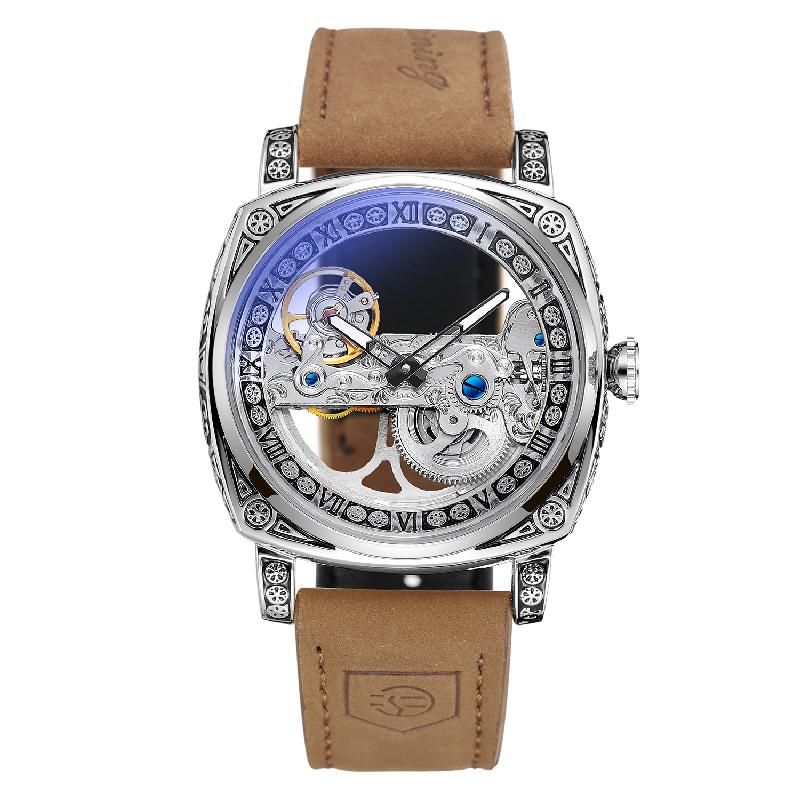 FORSINING Automatic Men Watch Mechanical Bridge Skeleton Transparent Luxury Vintage Cushion Case Suede Leather Male Dress Watch