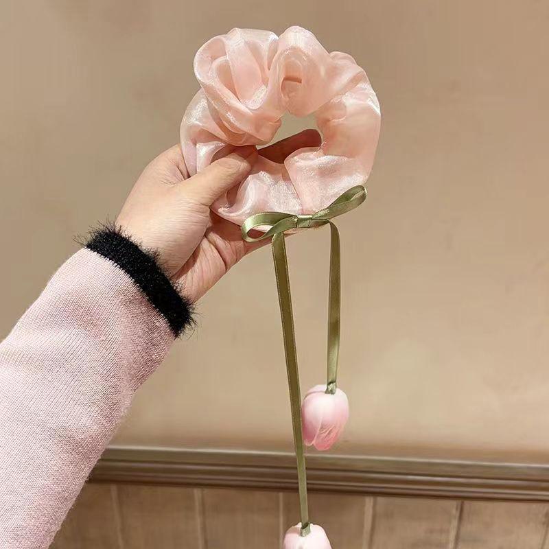 Fashion Sweet Tulip Ribbon Hair Ring For Women Girls Cute Elegant Bowknot Hair Clip Exquisite Tassels Hair Accessories Gifts