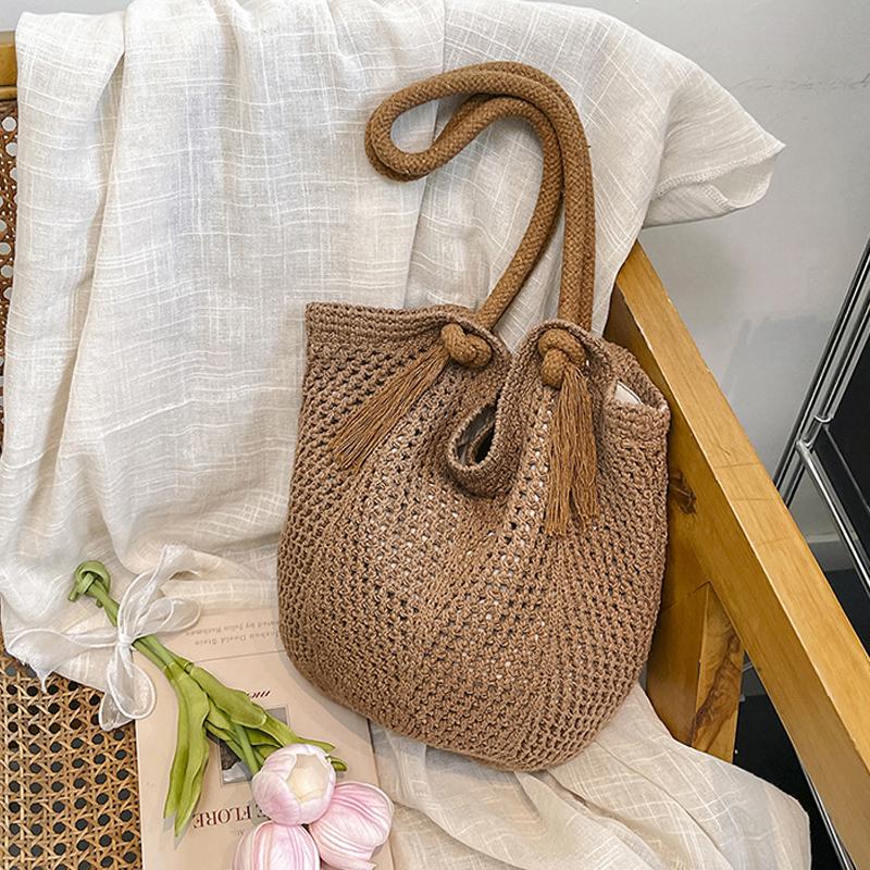 Portable Bohemian Knitted Shoulder Bag Hollowed Out Solid Color Casual Woven Handbag Sweet Soft Crochet Tote Bag CLE