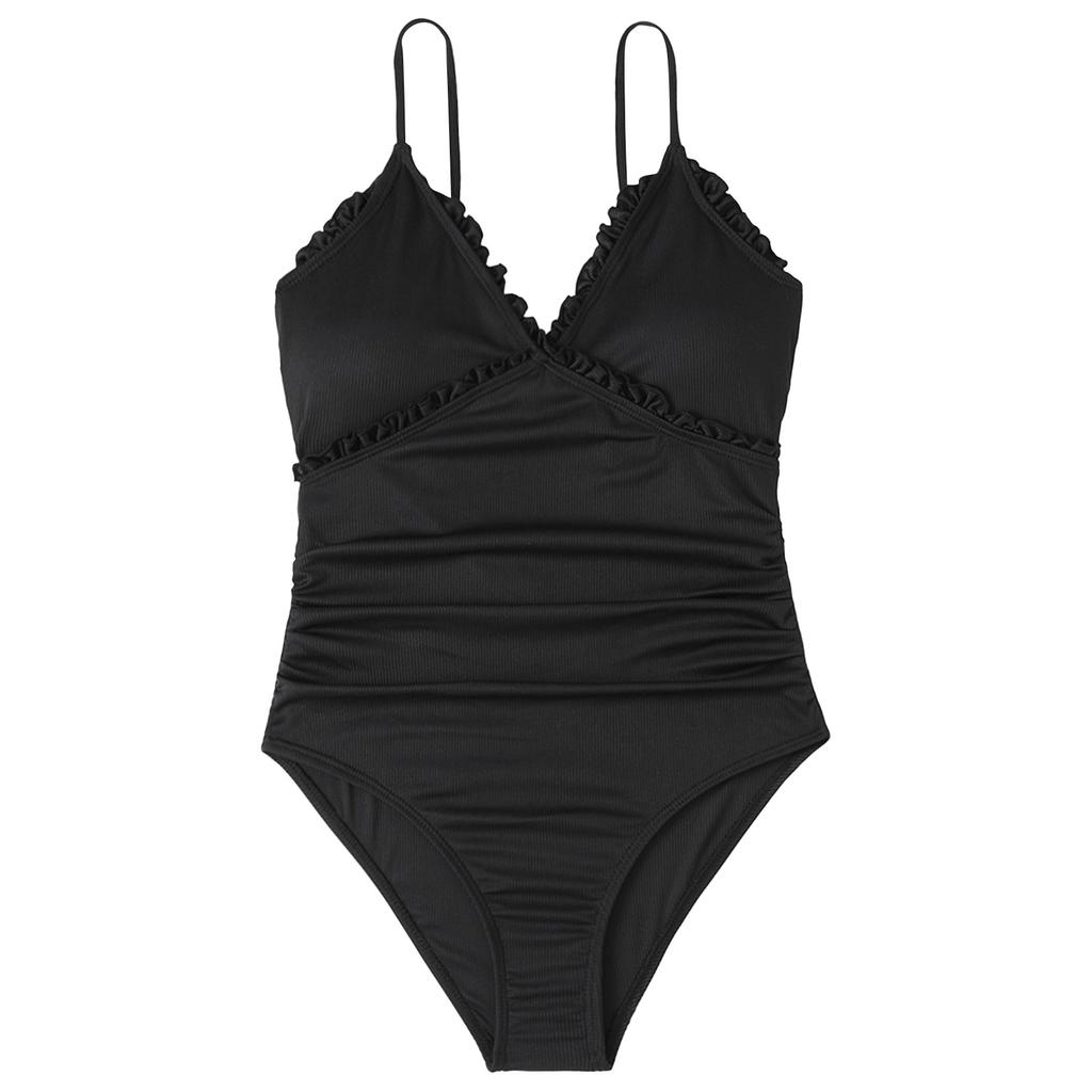 One Piece Swimsuit for Women with Built-in Chest Pad Wireless Support Adjustable Straps Ruffled Trim Solid Color Swimwear