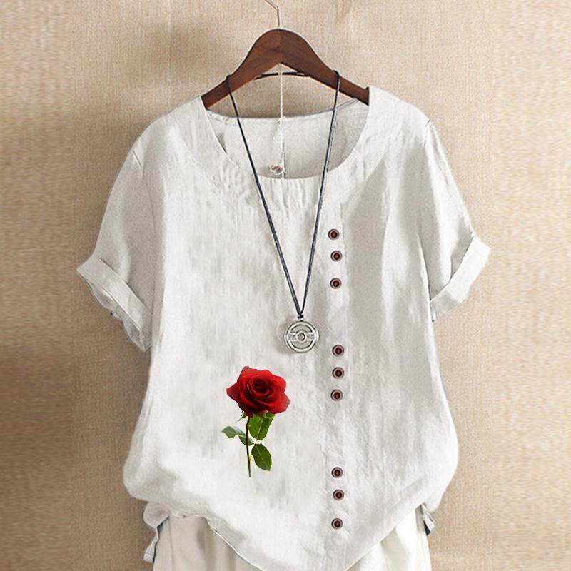 Women's New Fashion Linen Shirt Round Neck Short Sleeve Rose Printed T-shirt Summer Ladies Casual Plus Size Blouse Tops