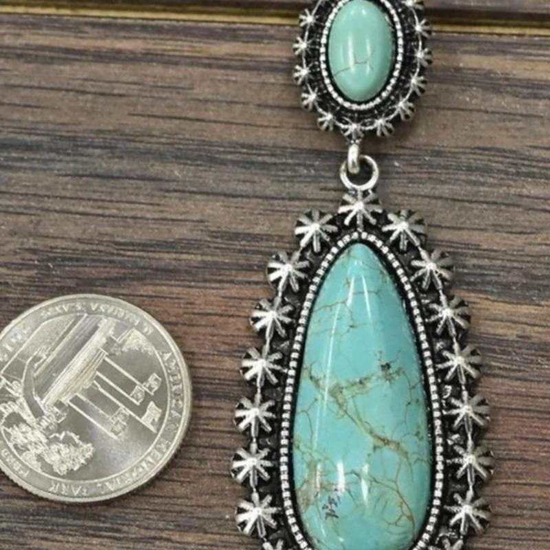 Plated 925 Ancient Silver Turquoise Earrings, European and American Creative Drop-shaped Turquoise Exaggerated Earrings