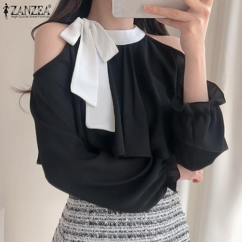 

ZANZEA Женская блузка с открытыми плечами и длинными рукавами, лоскутные топы с рюшами